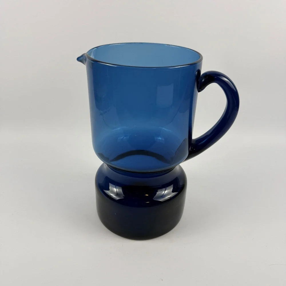 Vintage Scandinavian Modern Blue Art Glass Pitcher Hand Blown Pedestal Jug